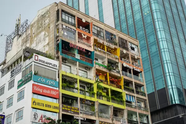 The Cafe Apartment Building with many different Cafes, Restaurants and Shops in Ho Chi Minh City, Vietnam