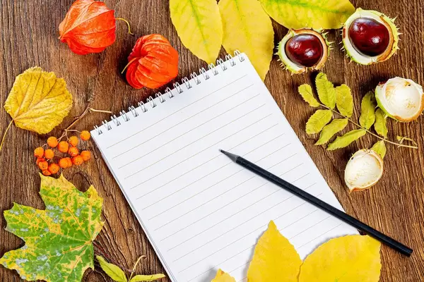 The concept of autumn mood, a letter to your loved ones. Notepad and pencil, yellow leaves, chestnuts and berries