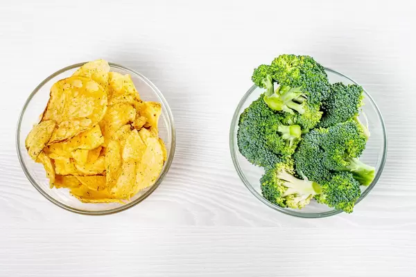The concept of healthy eating and unhealthy eating is one bowl of broccoli and the other one filled with chips (Flip 2019)