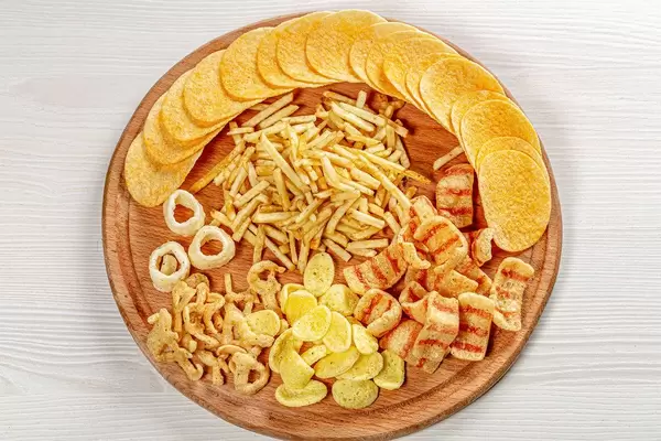 The Concept Of The Oktoberfest. A set of different snacks for beer. Top view (Flip 2019)