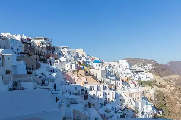 The famous white village of Oia with the blue domes on the Greek island of Santorini