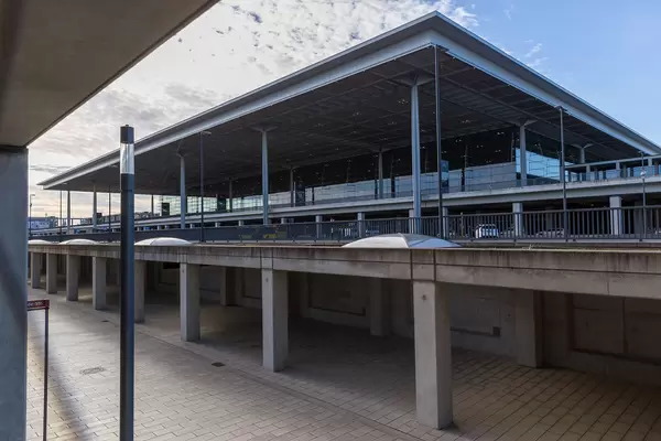 The front of Terminal 1 of new Berlin Brandenburg "Willy Brandt" airport seen from outside