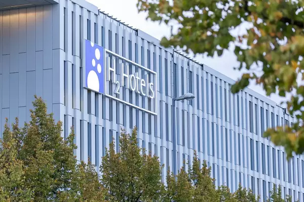 The large and modern H2 Hotel building at the Messestadt Riem in Munich