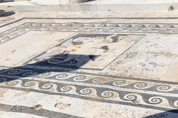 The mosaic floor of a large room of the House of Cleopatra: one of the many mosaics in Delos, Greece