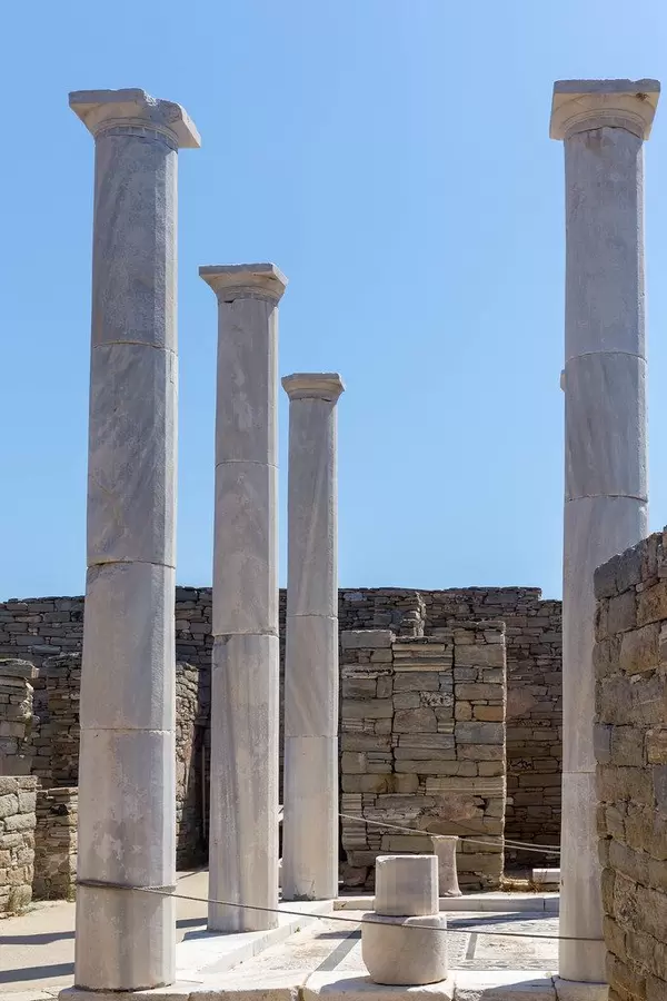 The pillars of the House of Cleopatra, famous for its unique statues, in the theatre quarter of Delos
