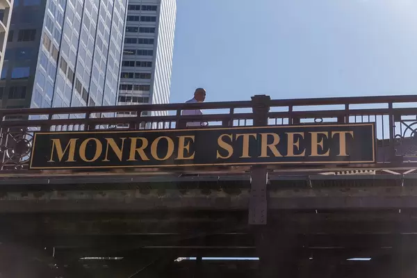 The "Monroe Street" sign on one of the many bascule bridges over the Chicago River