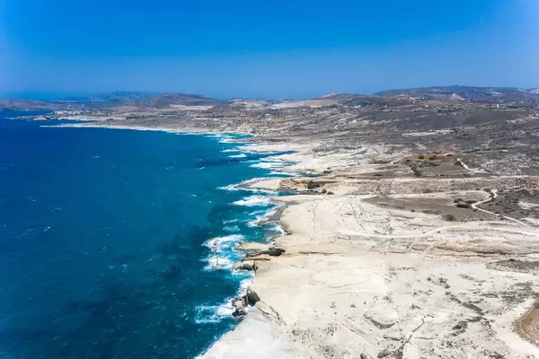 The rough, wild landscape of the north coast of the Greek island of Milos (Cyclades), seen from the air