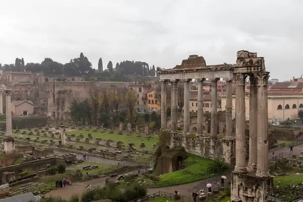 The ruins of antique Rome with rainy weather