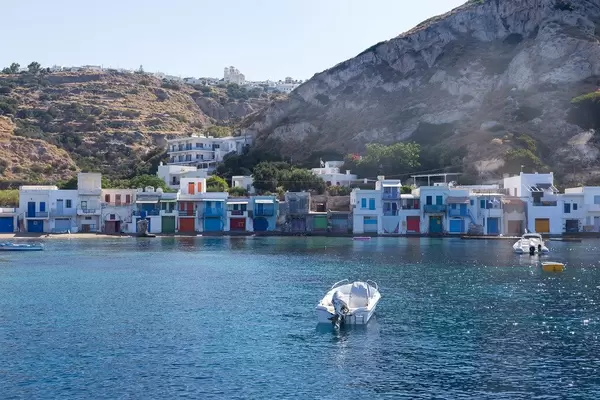 The scenic fishing village of Klima on the Greek island of Milos with colourful boathouses by the sea