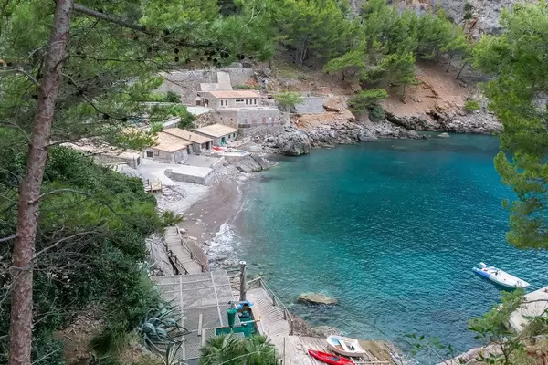 The small harbour and bay at Port de Sa Calobra in the Serra de Tramuntana region in Majorca
