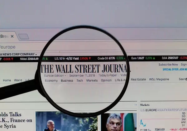 The Wall Street Journal Logo am PC-Monitor, durch eine Lupe fotografiert