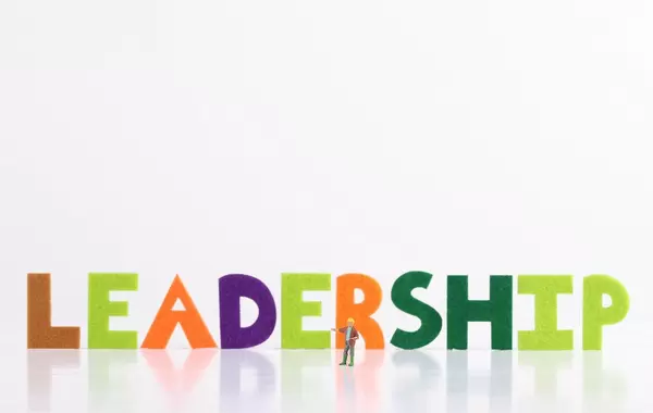 The word Leadership with construction worker on white background