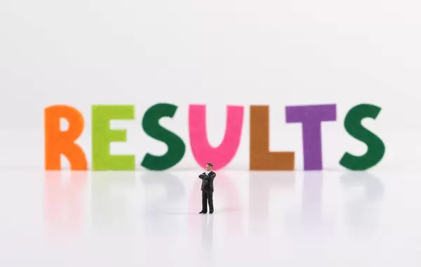 The word Results with businessman on white background