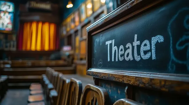 Theater mit stilvoller Schrift und leuchtendem Vorhang