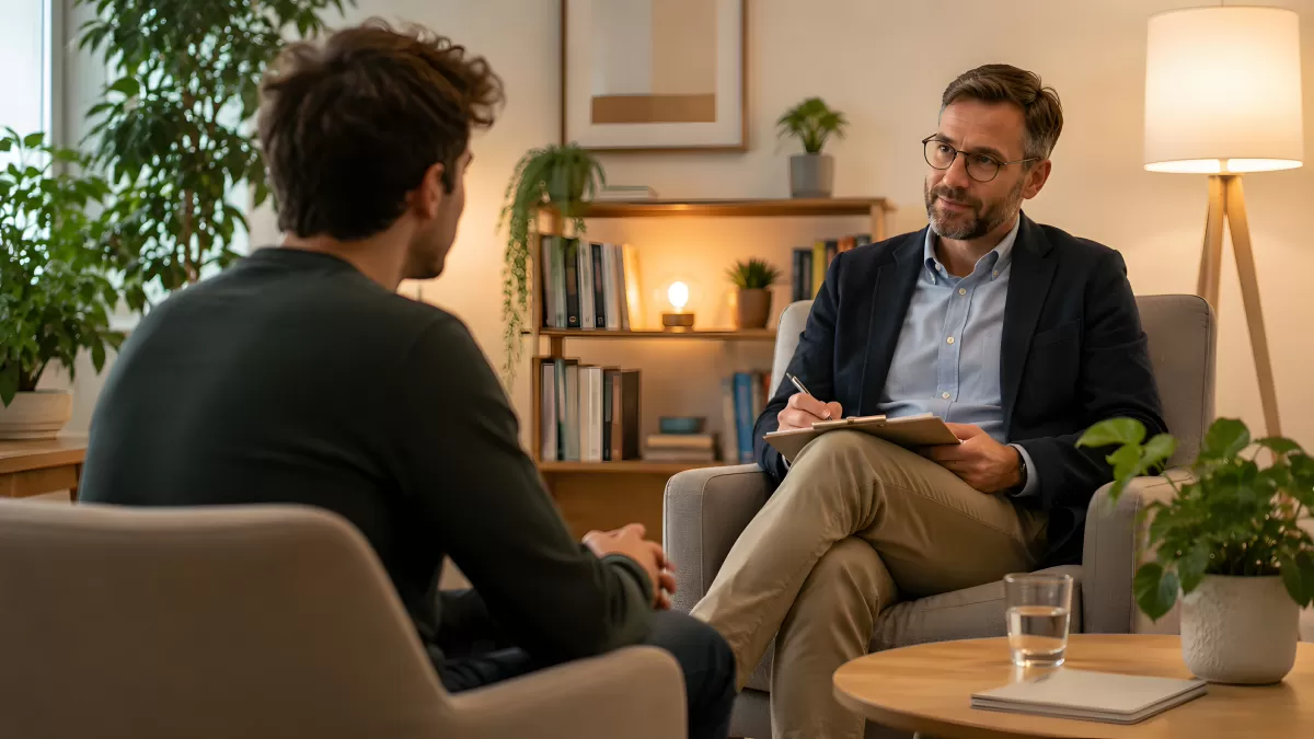 Therapeut im Gespräch mit Klient in ruhigem Büro