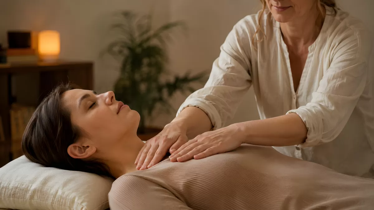 Therapeutin behandelt Frau bei Reiki-Sitzung sanft