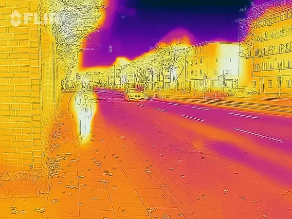 Thermal image of a street, including passerby and car - FLIR infrared camera / iPhone