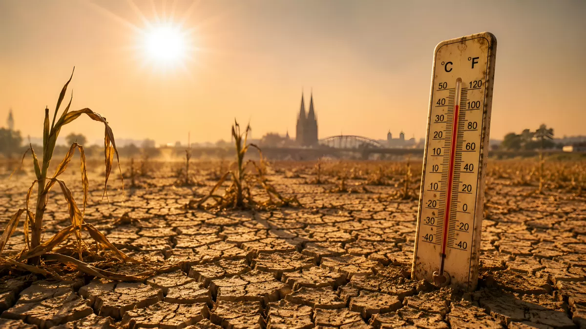 Thermometer auf rissigem Boden bei extremer Hitze