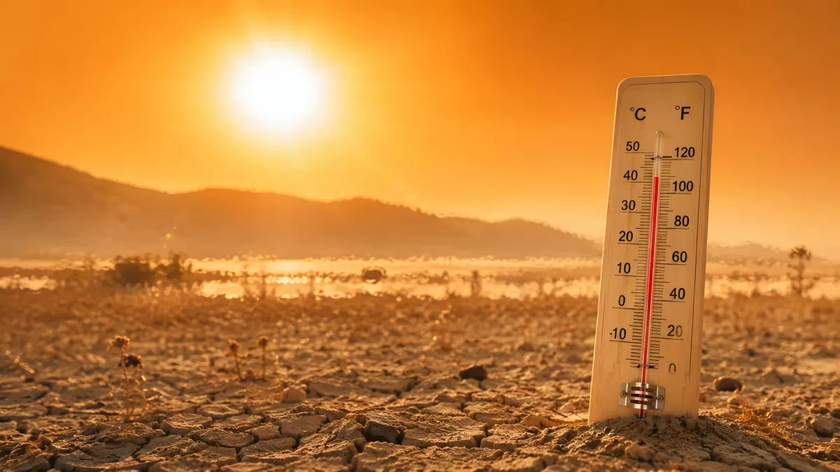 Thermometer in ausgetrockneter Wüste bei extremer Hitze