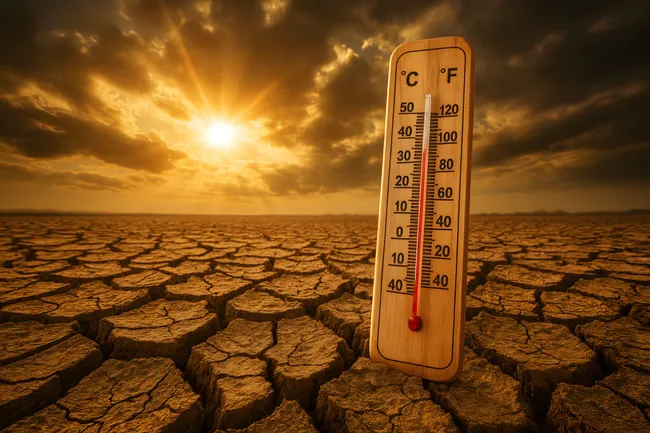 Thermometer in heißer Wüstenlandschaft mit Sonne und Rissen