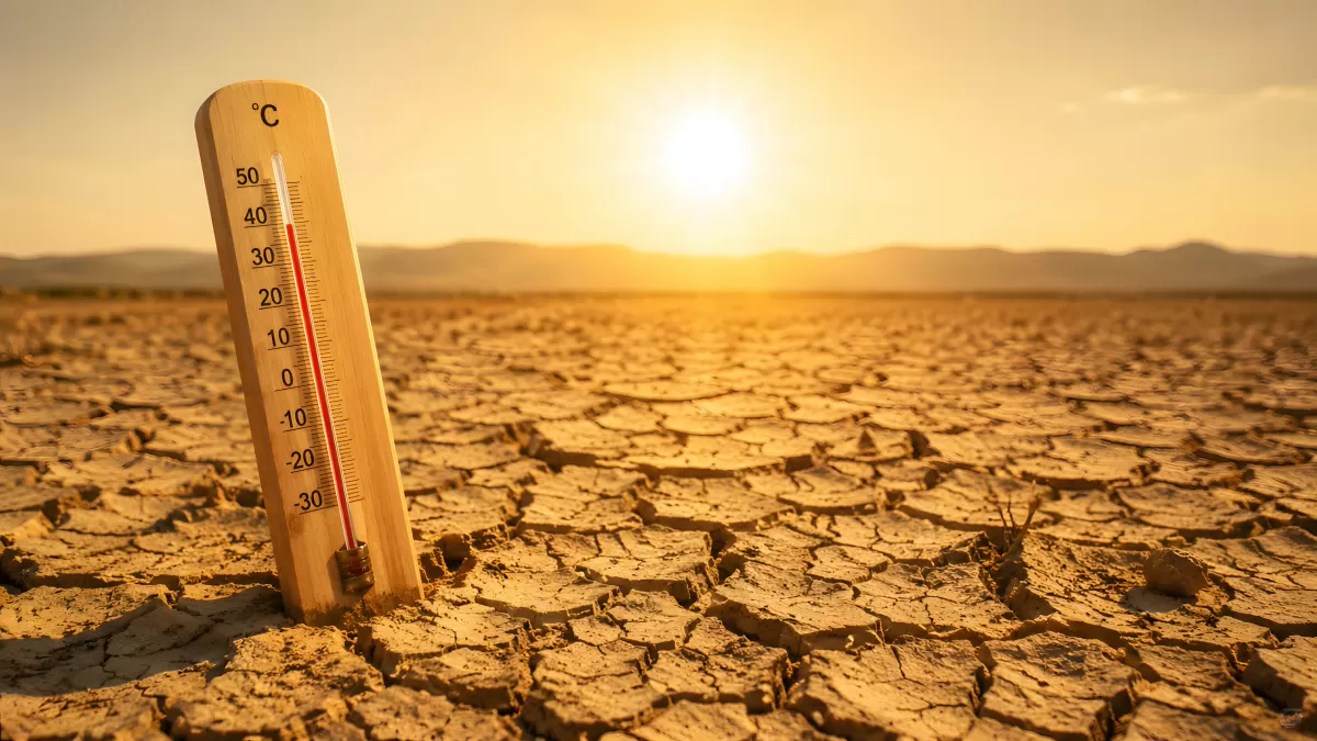 Thermometer in rissiger Erde bei extremer Hitze