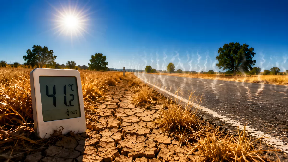 Thermometer zeigt 41 Grad auf ausgetrockneter Landstraße