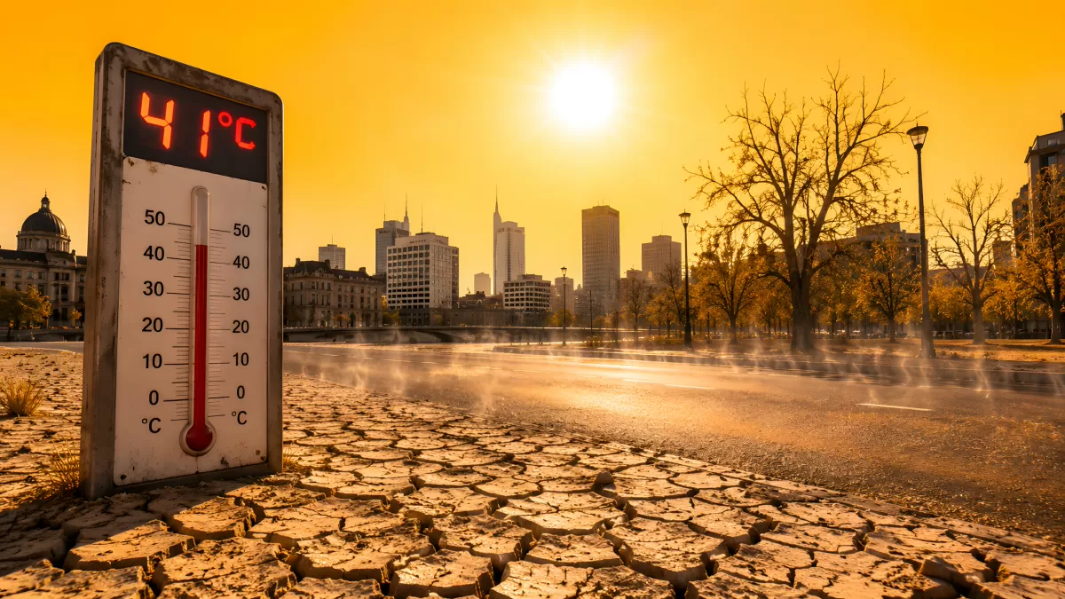 Thermometer zeigt 41 Grad in ausgedörrter Stadt