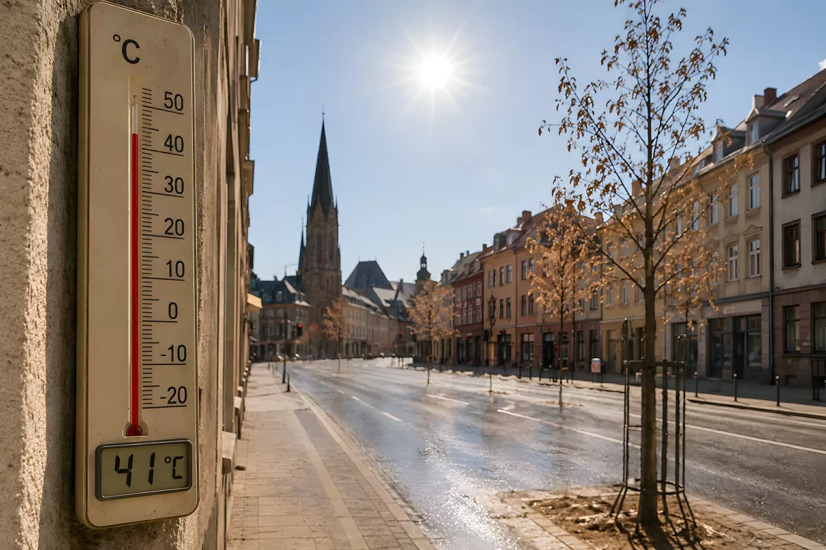 Thermometer zeigt 41 Grad in leerer Stadtstraße