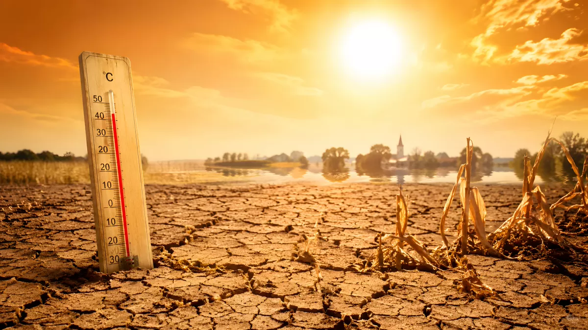 Thermometer zeigt 45 Grad auf ausgedörrter Erde