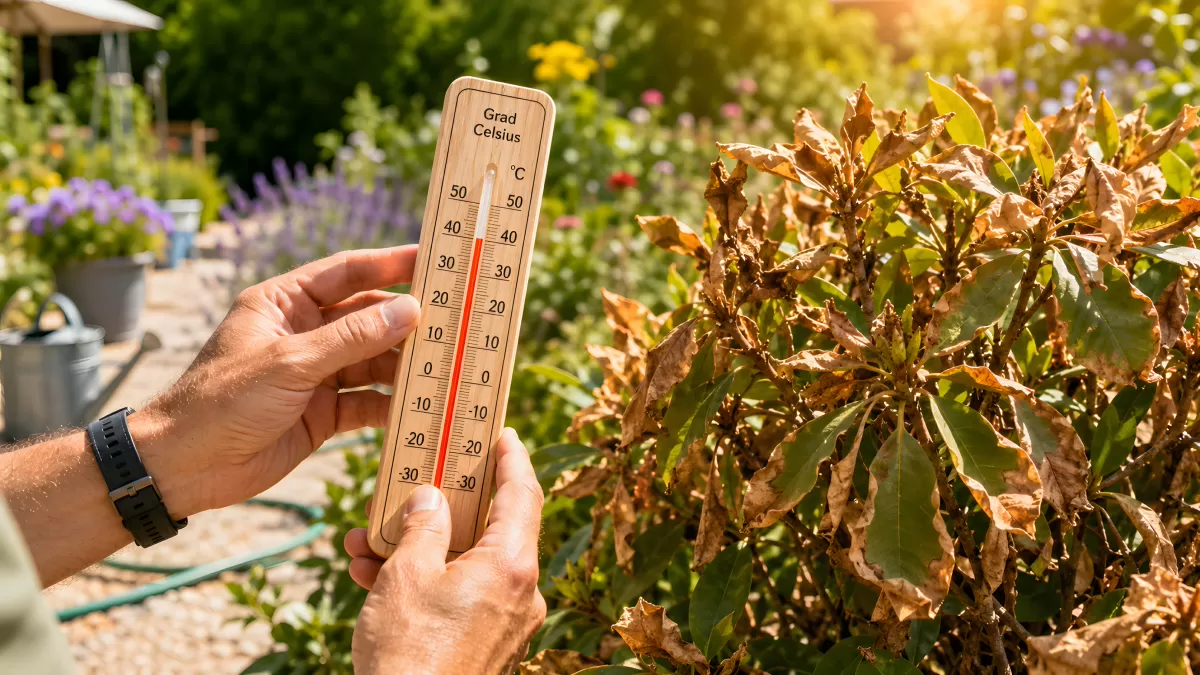 Thermometer zeigt Hitzeschäden an Pflanze im Garten