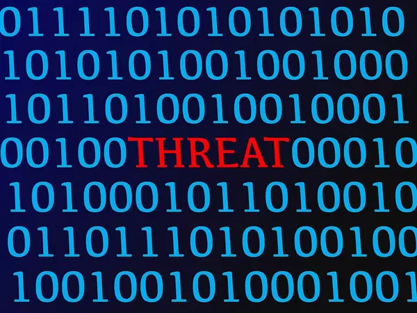 Threat red text between blue binary data on screen