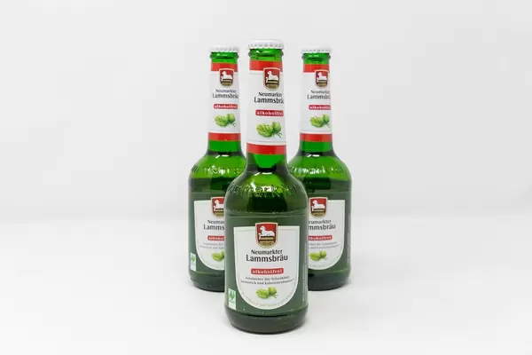 Three bottles of organic non-alcoholic beer Neumarkter Lammsbräu from Bavaria, Germany