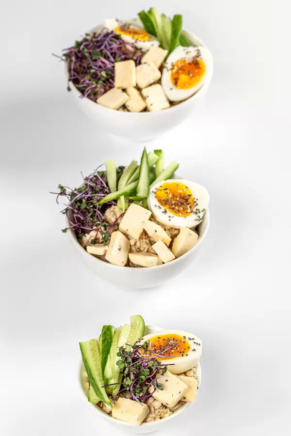 Three bowls of healthy food