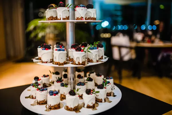 Three Layer Wedding Cake Little Bites Wth Blackberries
