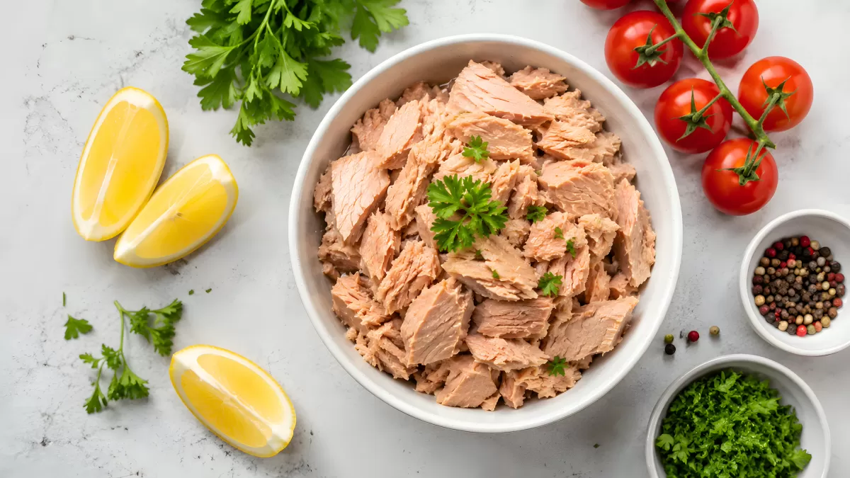 Thunfisch in Schüssel mit Zitrone und Tomaten