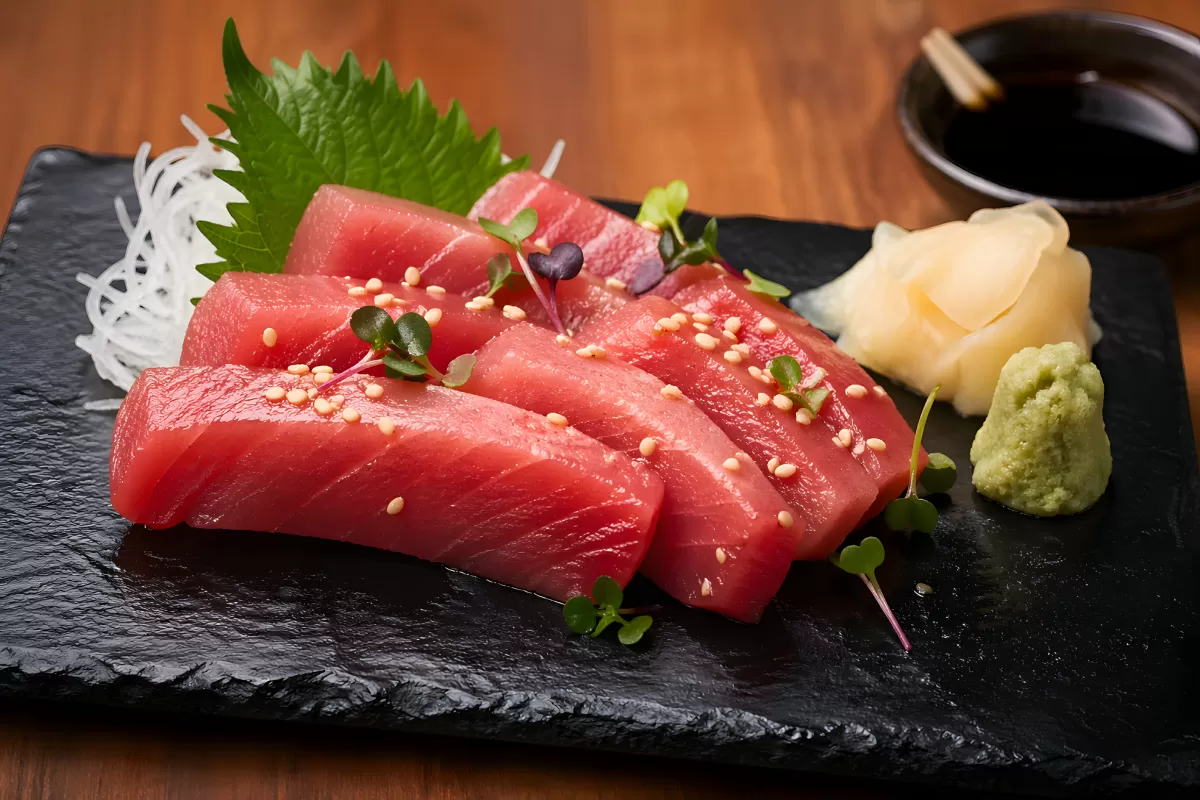 Thunfisch-Sashimi auf Schieferplatte mit Wasabi