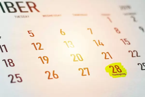Thursday, November 28 - Thanksgiving Day marked on Calendar 2019