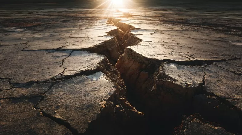 Tiefe Erdspalte nach Erdbeben oder Dürre bei Sonnenaufgang
