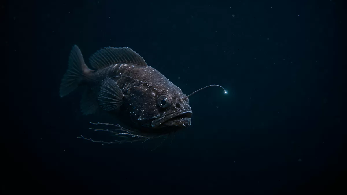 Tiefsee-Anglerfisch mit Biolumineszenz im Dunkel