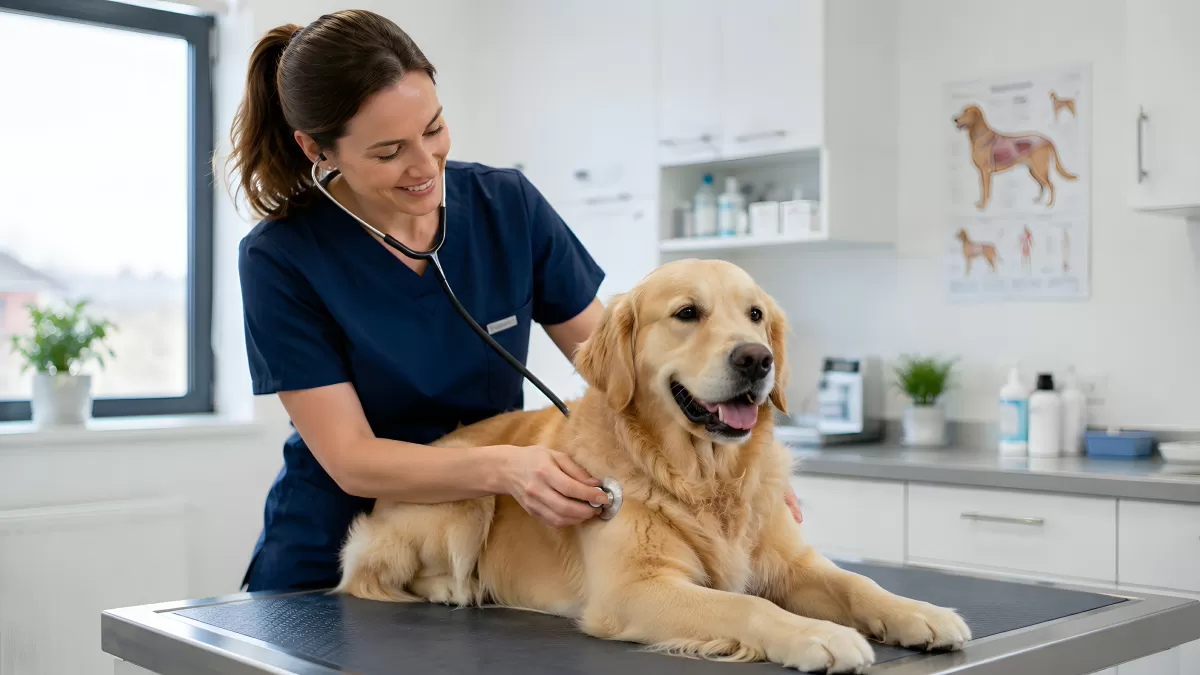 Tierärztin horcht Golden Retriever mit Stethoskop ab