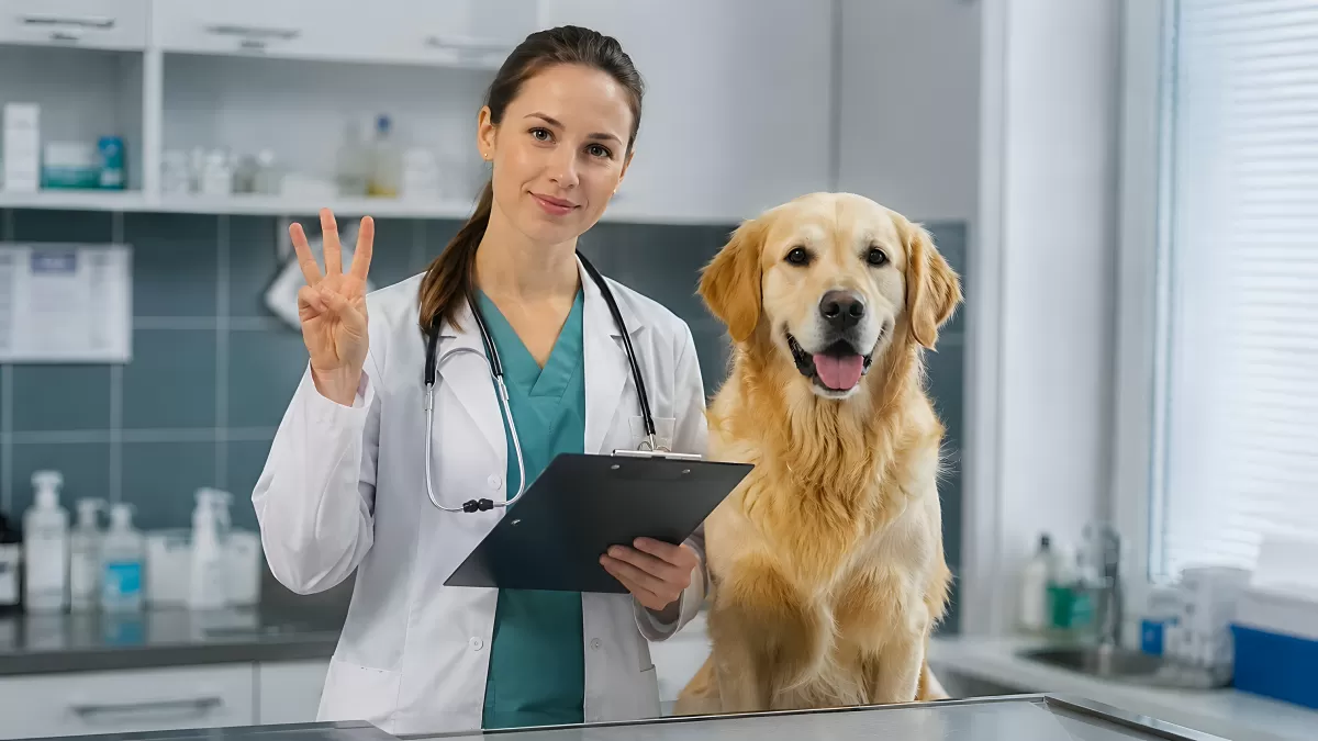 Tierärztin mit Golden Retriever in der Tierarztpraxis