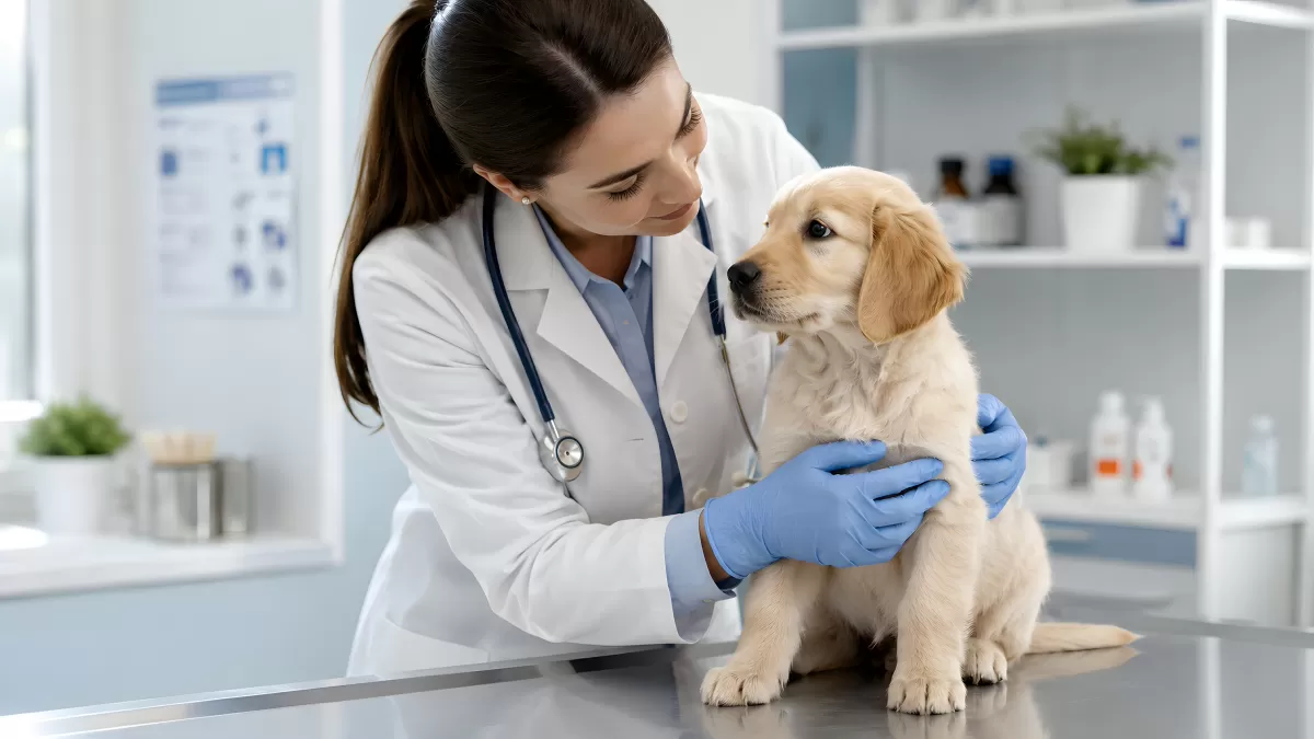 Tierärztin untersucht einen Golden-Retriever-Welpen
