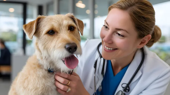 Tierärztin untersucht fröhlichen Hund in moderner Klinik