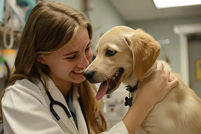 Tierärztin untersucht glücklichen Labrador