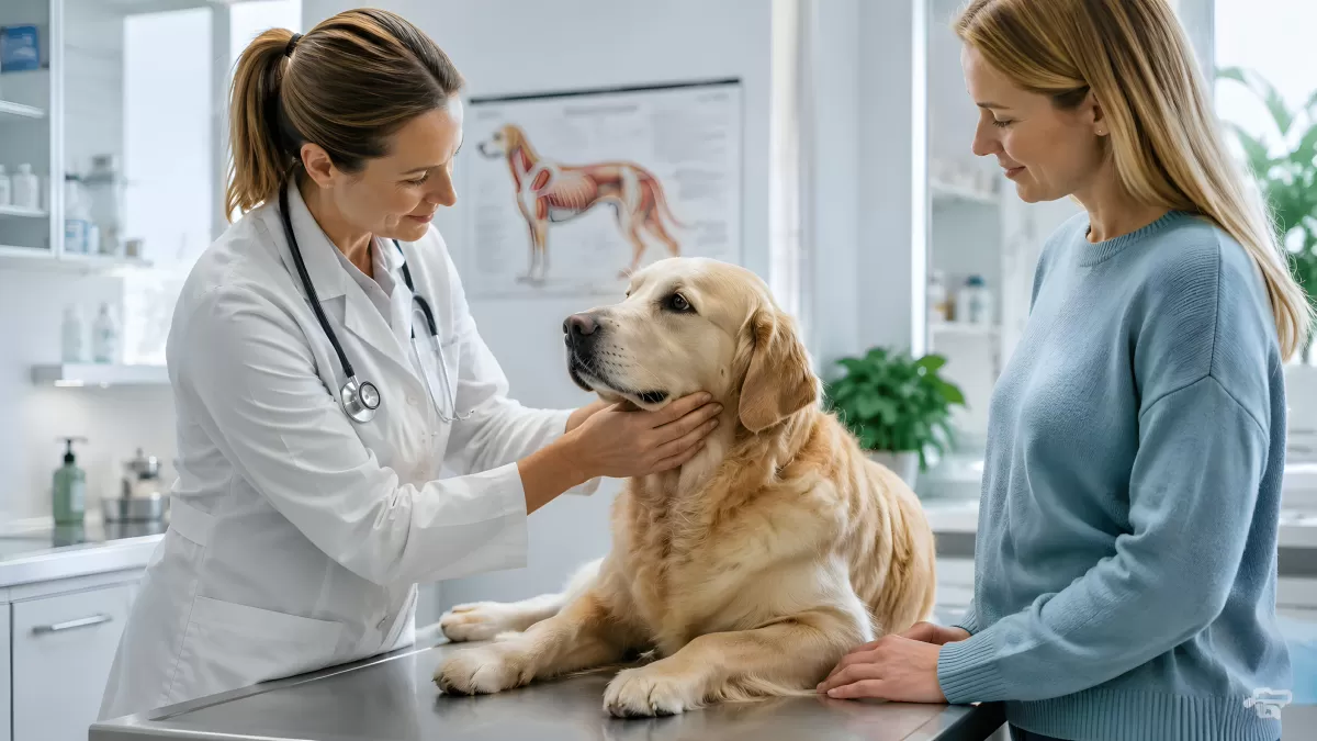 Tierärztin untersucht Golden Retriever beim Besitzer