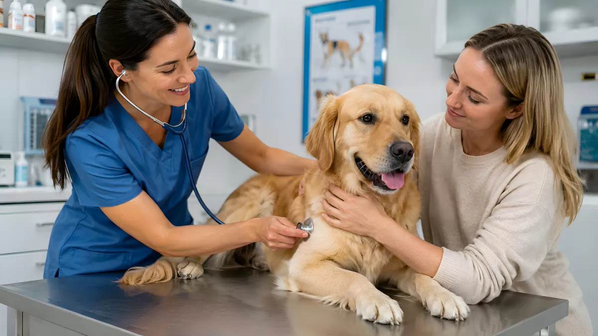 Tierärztin untersucht Golden Retriever beim Tierarzt
