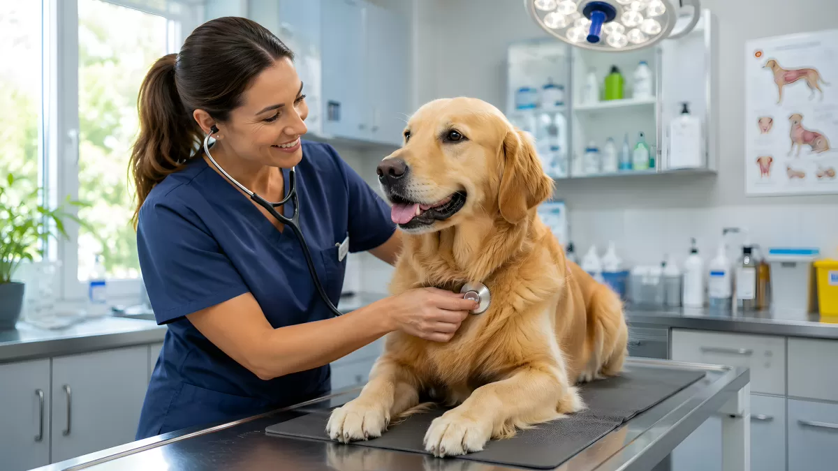 Tierärztin untersucht Golden Retriever in Tierarztpraxis