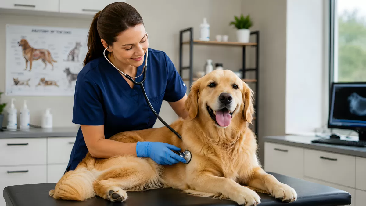 Tierärztin untersucht Golden Retriever in Tierklinik