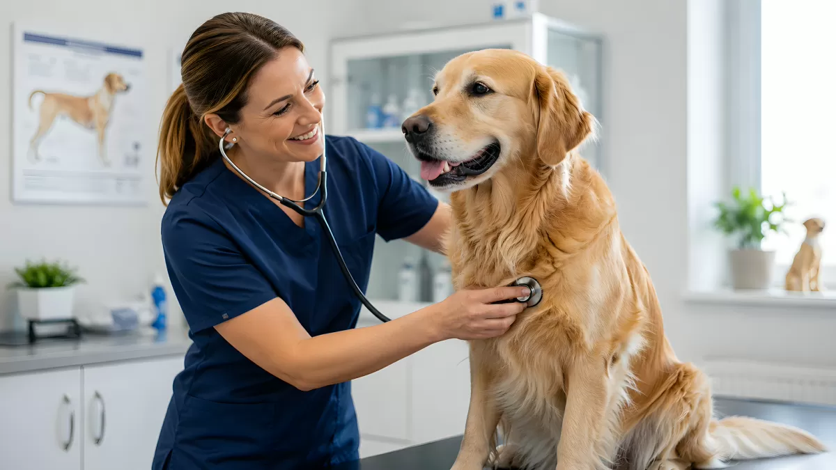 Tierärztin untersucht Golden Retriever mit Stethoskop