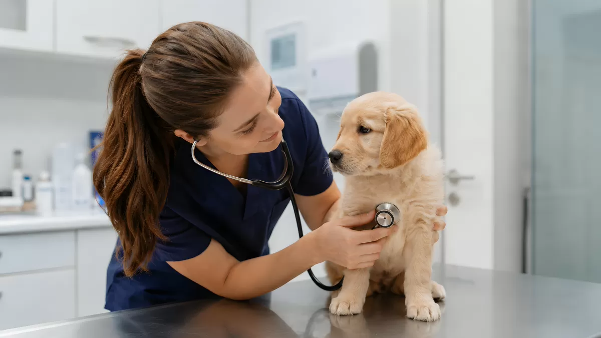 Tierärztin untersucht Golden-Retriever-Welpen mit Stethoskop